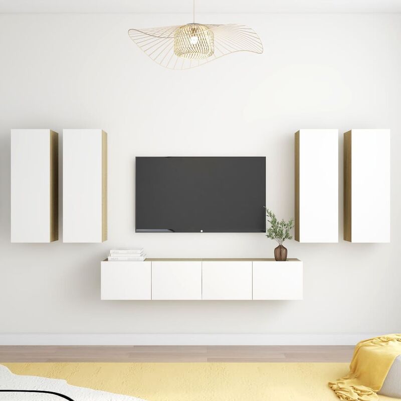 

Muebles de TV 6 pzas aglomerado blanco y roble Sonoma