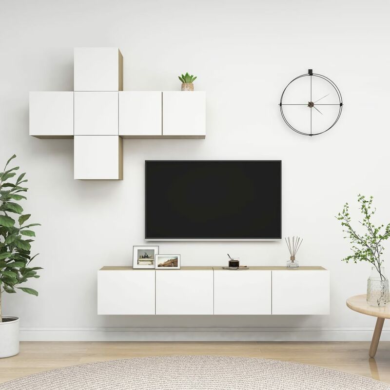 

Muebles de TV 7 pzas aglomerado blanco y roble Sonoma