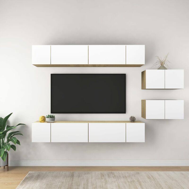 

Muebles de TV 8 piezas aglomerado blanco y roble Sonoma