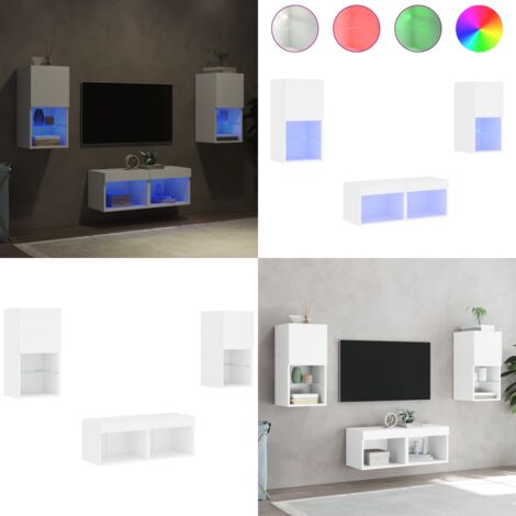 Muebles de TV de pared con luces LED 4 piezas blanco - Muebles de TV - Luz LED