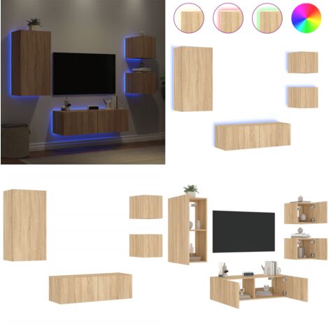 Muebles de TV de pared con luces LED 4 piezas roble Sonoma - Luz LED RGB - Almacenamiento en pared