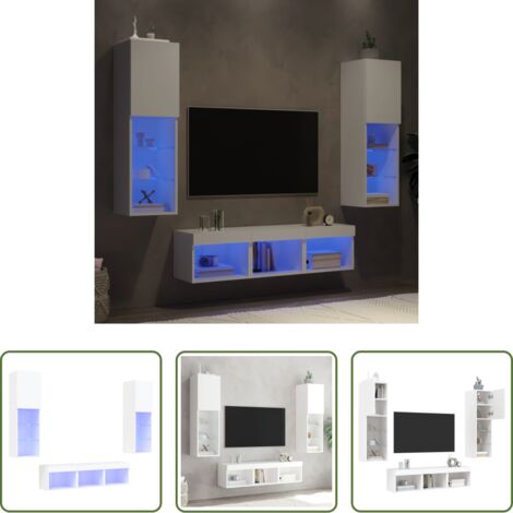 Muebles de TV -  Muebles de TV de pared con LED 5 pzas madera ingeniería blanco