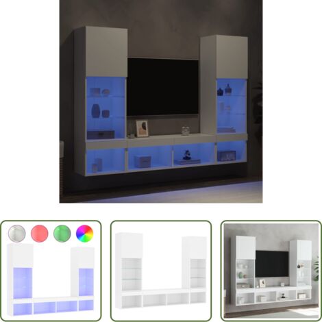 Muebles de TV -  Muebles de TV de pared con LED 5 pzas madera ingeniería blanco