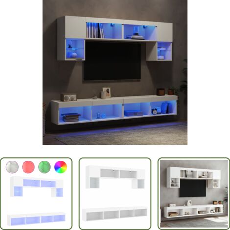 Muebles de TV -  Muebles de TV de pared con LED 6 pzas madera ingeniería blanco