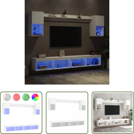Muebles de TV -  Muebles de TV de pared con LED 6 pzas madera ingeniería blanco