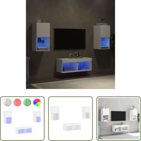 Muebles de TV -  Muebles de TV de pared con luces LED 4 piezas blanco