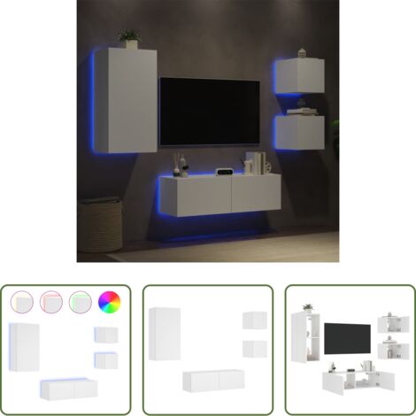 Muebles de TV -  Muebles de TV de pared con luces LED 4 piezas blanco