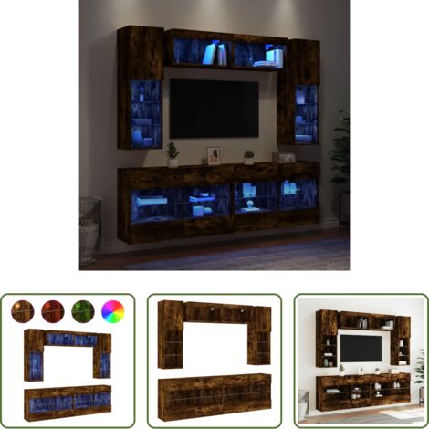 Muebles de TV -  Muebles de TV de pared con luces LED 6 piezas roble ahumado