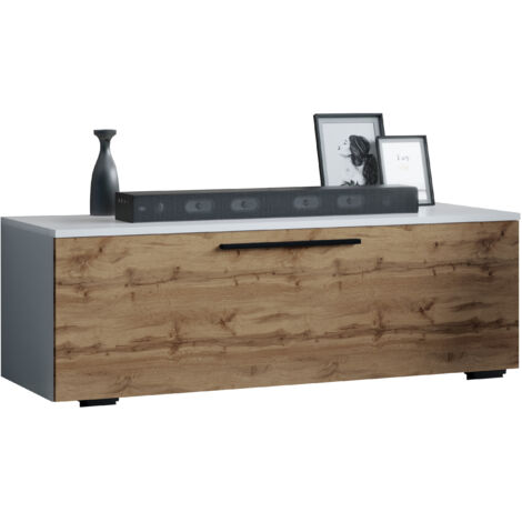Muebles de TV VCM  Lowboard  Gabinete de TV con puerta plegable ancha  Dimensiones AL. 39 x AN. 115 x T. 40 cm  Muebles Fernseh – Arila M (Blanco / Roble de Miel)