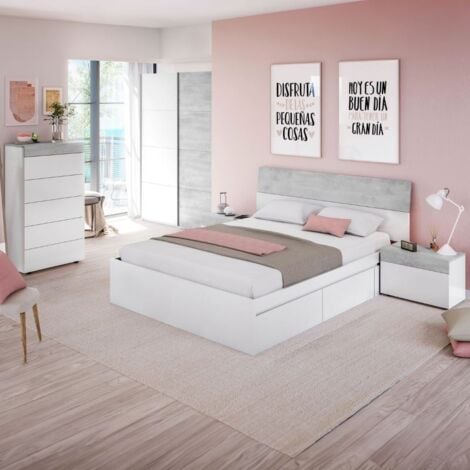 Muebles Dormitorio Matrimonio Completo Color Blanco y Cemento (Cama + cabecero + cómoda + Armario) SOMIER Incluido