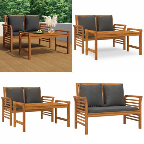 Muebles jardín 2 pzas con cojines gris oscuro de madera maciza - Banco de jardín - Mesa de centro