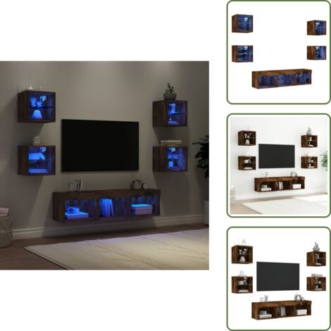 Muebles LED - vidaXL Muebles TV pared con LED 7 pzas madera ingeniería roble ahumado - Almacenamiento en pared