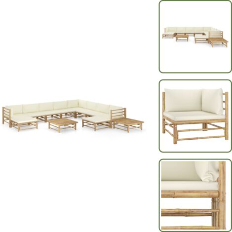 Muebles modulares - vidaXL Set de muebles de jardín 12 piezas bambú y cojines blanco crema - Cojines lavables