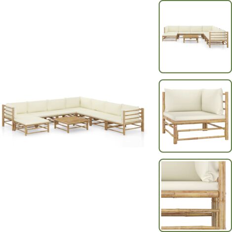 Muebles modulares - vidaXL Set de muebles de jardín 9 piezas bambú y cojines blanco crema - Sofás de jardín