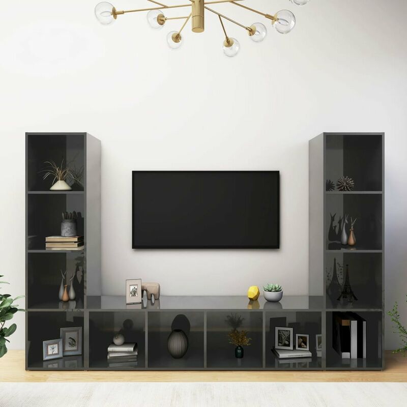 

Muebles para TV 3 uds aglomerado gris brillante 142,5x35x36,5cm