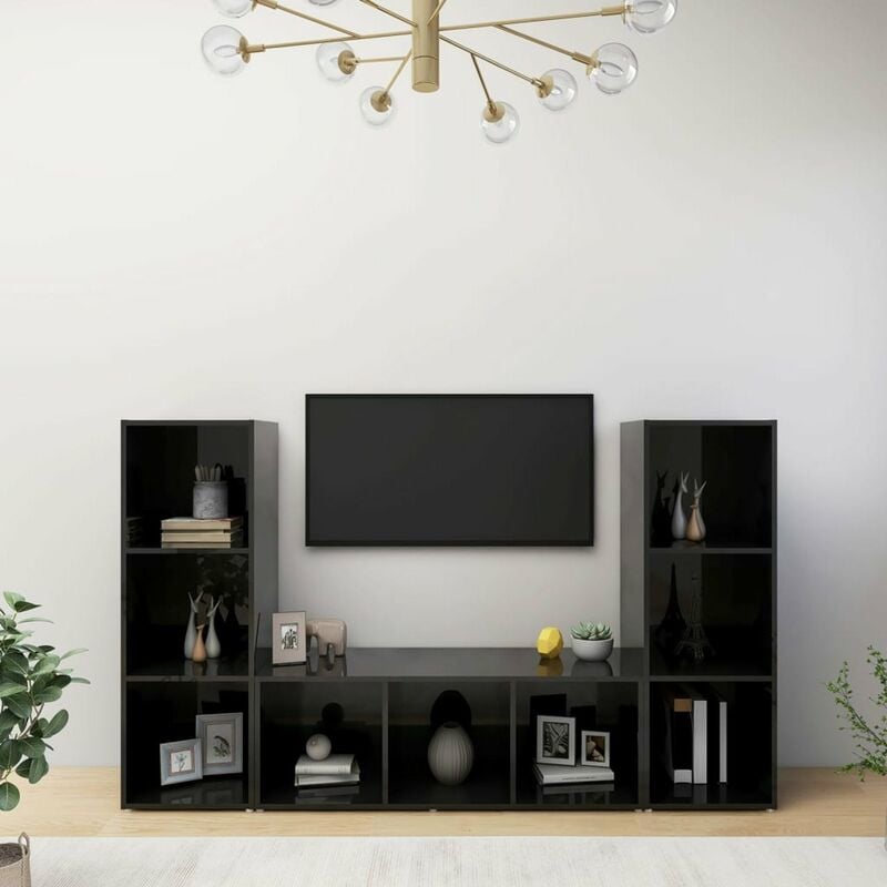 

Muebles para TV 3 uds aglomerado negro brillante 107x35x37 cm