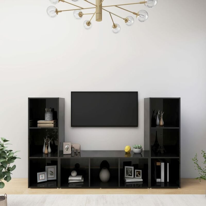 

Muebles para TV 3 uds aglomerado negro brillante 107x35x37 cm