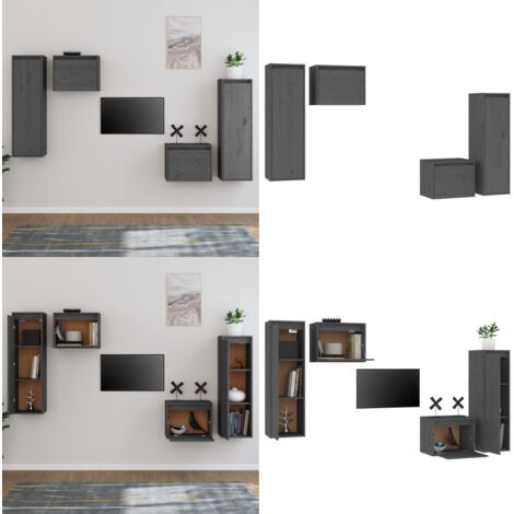 Muebles para TV 4 piezas madera maciza de pino gris - Muebles para TV - Armario colgante