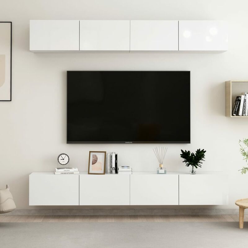 

Muebles para TV 4 uds aglomerado blanco brillante 100x30x30 cm