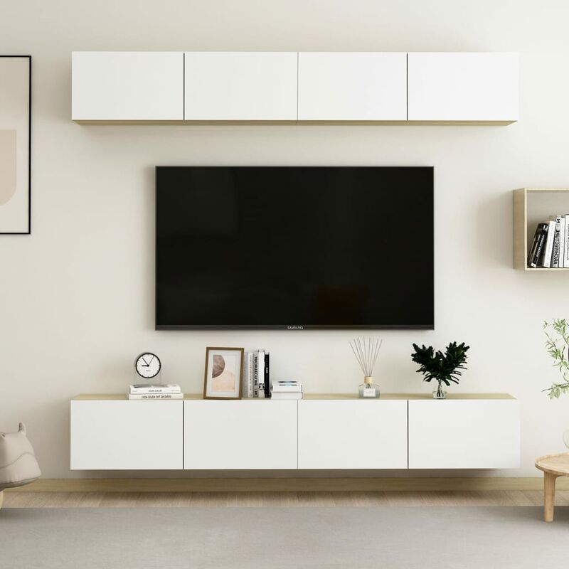 

Muebles para TV 4 uds aglomerado blanco y Sonoma 100x30x30 cm