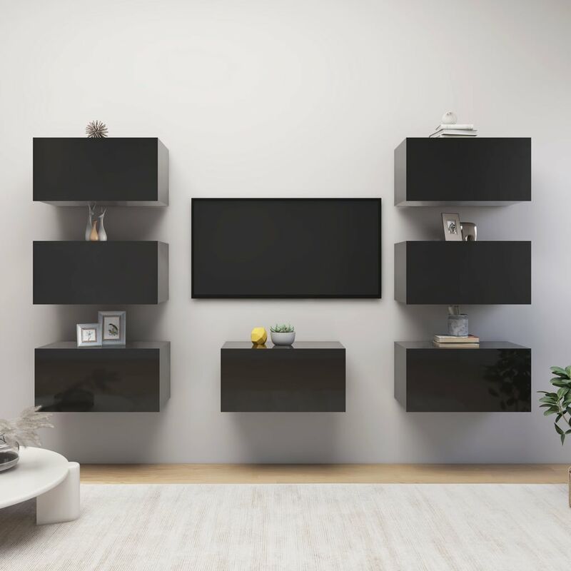 

Muebles para TV 7 uds aglomerado negro brillo 30,5x30x60 cm