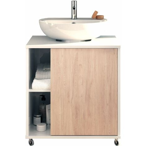 MOBIMARKET Muebles Pitarch Mobile basso per lavabo, armadietto da bagno, larghezza 60cm, con ruote, 1 porta a sinistra o a destra, Bianco e Rovere Aurora, modello Sintra