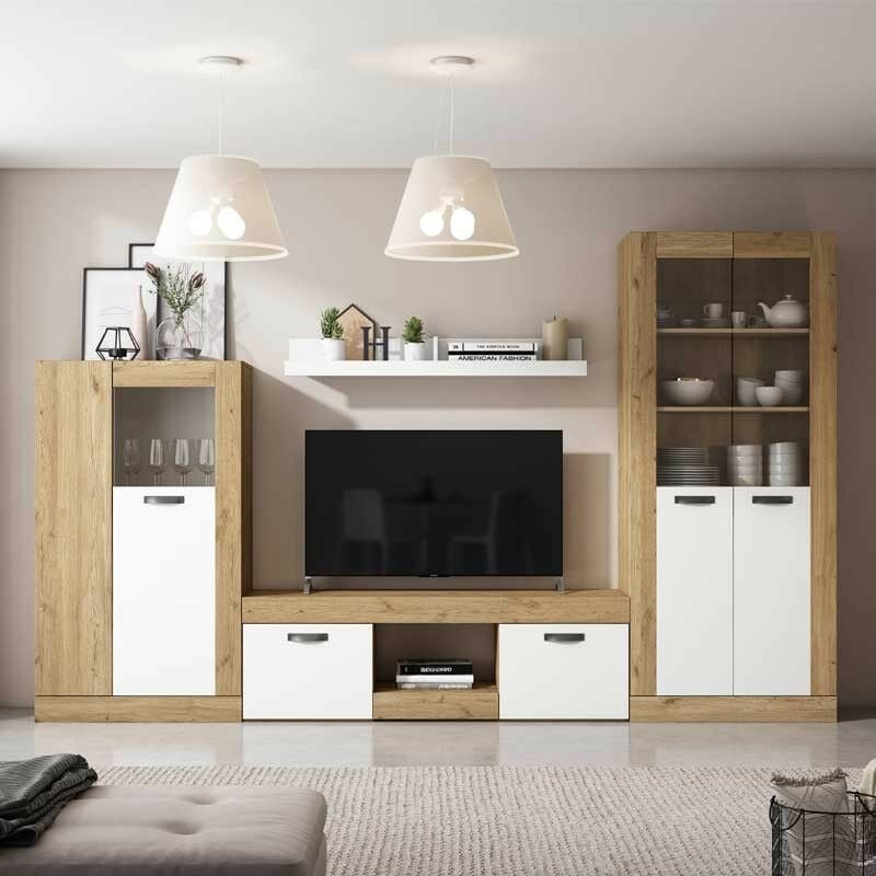 

Muebles salón Argos Blanco y Naturale Comedor Moderno (Mesa TV + Vitrina Alta + Vitrina Baja + Estante)