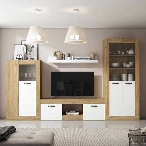 Muebles salón Argos Blanco y Naturale Comedor Moderno (Mesa TV + Vitrina Alta + Vitrina Baja + Estante)