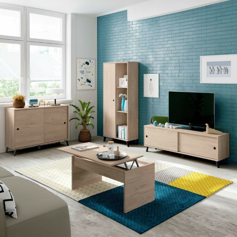 

Muebles salón Completo Manaslu Roble y Negro nórdico Industrial (Mueble TV+Aparador+Librería+Mesa Ce