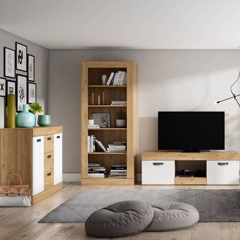 

Muebles salón Estilo Moderno Argos Color Blanco Mate y Naturale (Mesa TV + aparador + estantería)