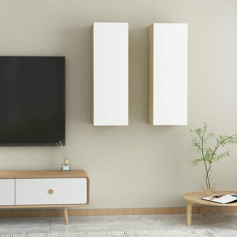 

Happyshopping - Muebles TV 2 uds aglomerado blanco y roble Sonoma 30,5x30x90cm