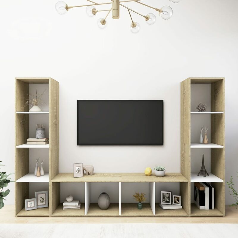 

Muebles TV 3 uds aglomerado blanco roble Sonoma 142,5x35x36,5cm