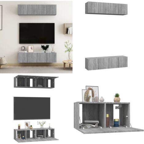 Muebles TV de pared 4 uds contrachapada gris Sonoma 60x30x30 cm - Muebles de TV - Muebles de pared de madera