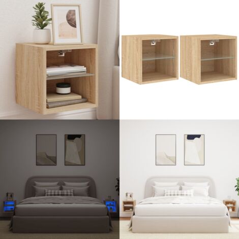 Muebles TV de pared luces LED 2 uds roble Sonoma 30x28,5x30 cm - Luz LED RGB - Muebles de pared con luz
