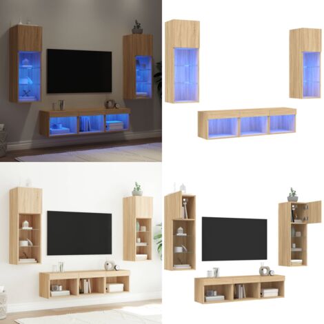 Muebles TV pared con LED 5 pzas madera ingeniería roble Sonoma - Muebles de TV - Armarios de pared