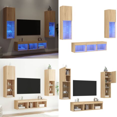 Muebles TV pared con LED 5 pzas madera ingeniería roble Sonoma - TV de pared - Muebles de TV