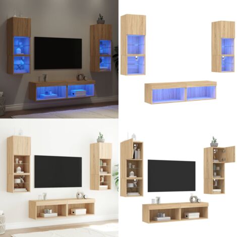 Muebles TV pared con LED 6 pzas madera ingeniería roble Sonoma - Muebles de TV - Armarios de pared