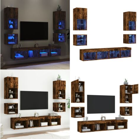 Muebles TV pared con LED 8 pzas madera ingeniería roble ahumado - TV de pared - Muebles de TV