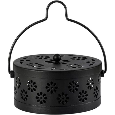 Mückenschutzspiralenhalter, klassischer Mückenschutzspiralenhalter, hohler Räucherstäbchenhalter aus Metall mit floralem Design, hitzebeständig mit Griff und Deckel für Haus und Garten