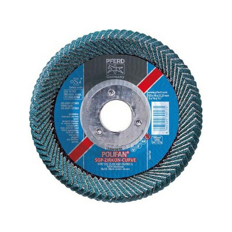 

Pferd - Muela abanico Ø 115 mm (13300 tr/mn), POLIFAN® SG-ZIRKON-CURVE, radiale, Grano : 40, Ancho : des soldaduras de ángulo de 5 mm