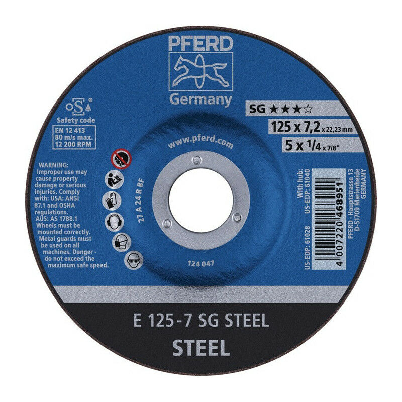 

Muela abrasiva SG STEEL D125, 4,1 mm de espesor, taladro de acero angulado 22,23 mm PFER (paquete de 10)