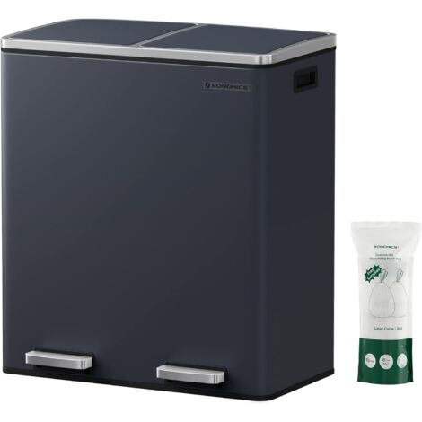 Mülleimer für die Küche, 2 x 30 L, Abfalleimer mit 2 Fächern, Mülltrennung, Treteimer aus Metall, Inneneimer aus Kunststoff, mit Klappdeckeln und Griffen, Softclose, luftdicht, grau LTB60GS - Grey