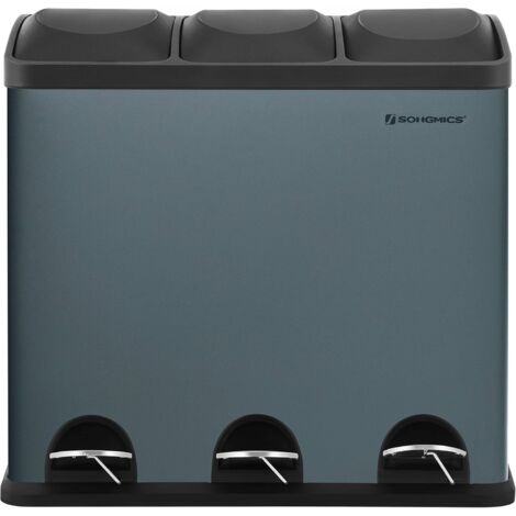 Mülleimer für die Küche, 54 Liter, Abfalleimer, Treteimer mit 3 Fächern, Inneneimern und 6 Aufklebern für Mülltrennung, Mülltrennsystem, Grau-schwarz LTB54G - Gris y Negro