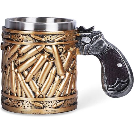 Mug 44 cl à motif pistolet - Mug en acier inoxydable pour café/bière avec poignée de pistolet et motif de balle - Idée cadeau pour la fête des pères et les anniversaires (hommes)