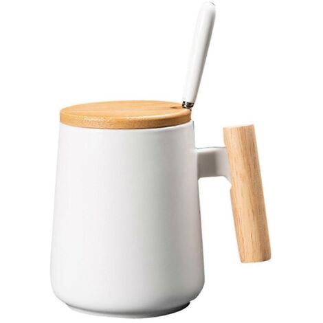 Mug à café vintage en céramique avec anse en bois et couvercle au design nordique, 450 ml