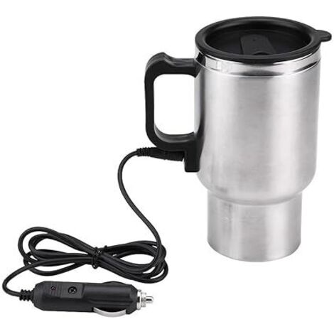 Mug chauffant de voyage électrique 12 V 450 ml en acier inoxydable pour voiture, idéal pour chauffer eau, café, lait et thé. Couvercle hermétique et chargeur allume-cigare inclus.