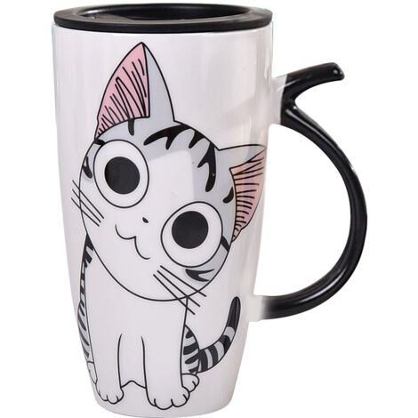 Mug en Céramique Chat Mignon 600ml avec Couvercle, Tasse à Café et Thé pour Maison ou Bureau