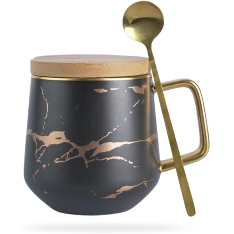 Mug en céramique style Kintsugi noir avec incrustations dorées  Couvercle en bambou, cuillère, anse, 30 cl, unisexe, design unique, compatible lave-vaisselle  Cadeau original idéal