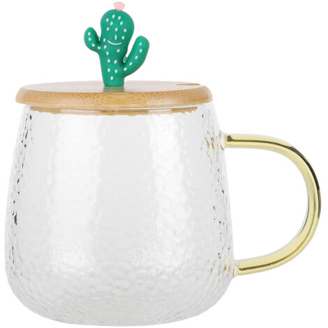 Mug en verre borosilicate résistant à la chaleur 400ml avec cuillère inox et couvercle bambou (design cactus)
