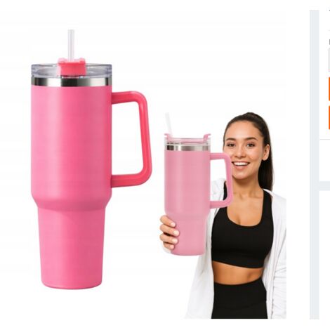 Mug isotherme 1200 ml avec anse et paille - rose GRANDE CAPACITÉ